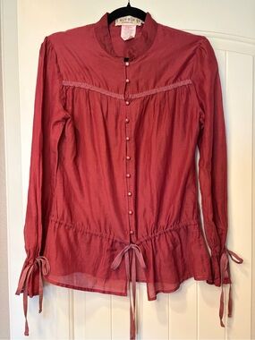 Murmur Rose Long-Sleeve Mandarin-Collar Button Blouse